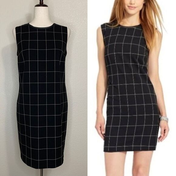 Lauren Ralph Lauren Windowpane Plaid Leather Trim Sheath Dress - Picture 1 of 13